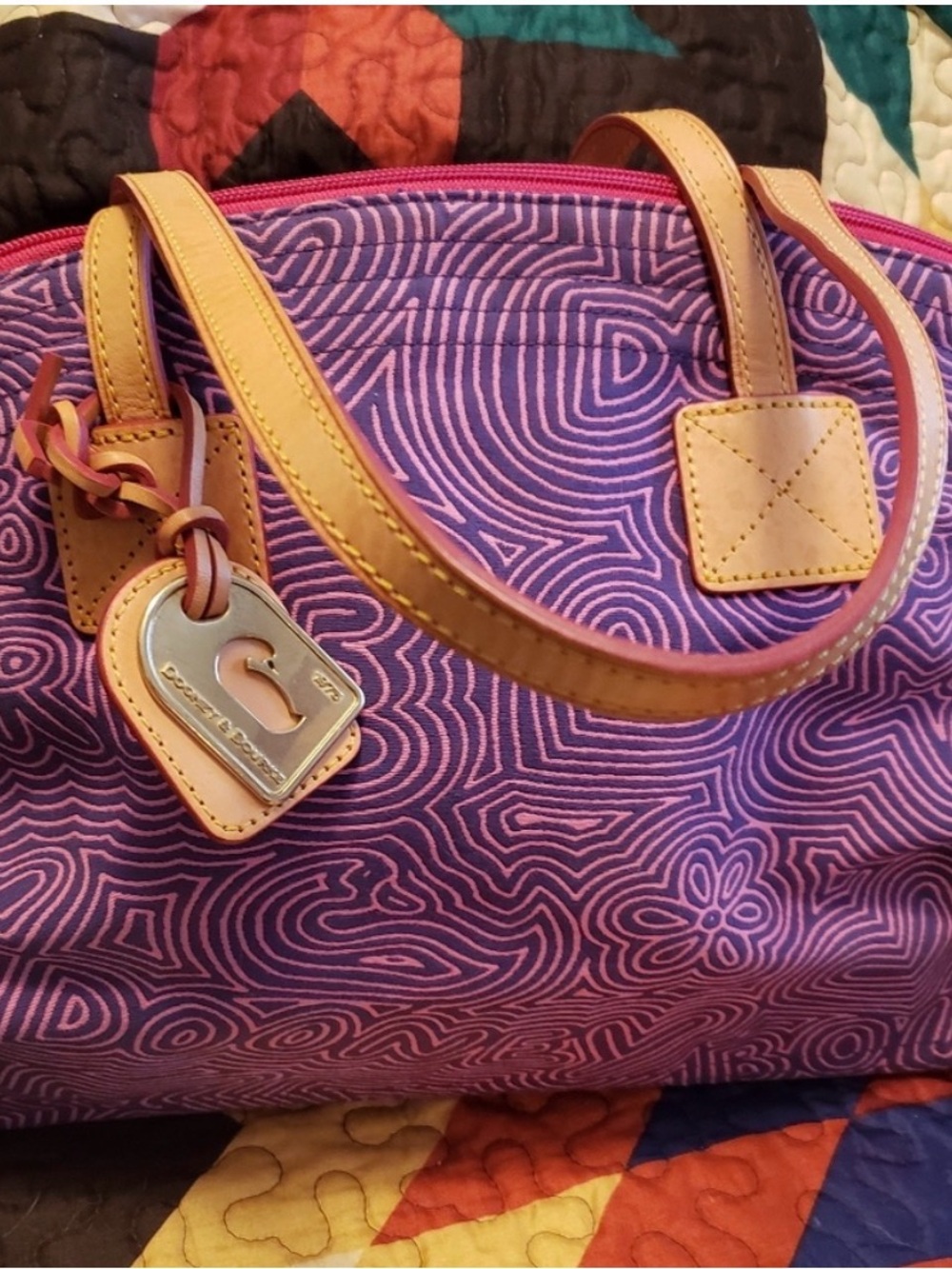 Dooney & Bourke Purple Patterned Tote with Tan Leather Trim